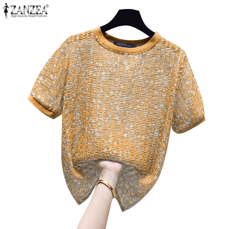 ZANZEA ซานเซีย ผู้หญิงแฟชั่นเกาหลี โอ-คอ แขนสั้นพิมพ์ลายดอกไม้เสื้อหลวม