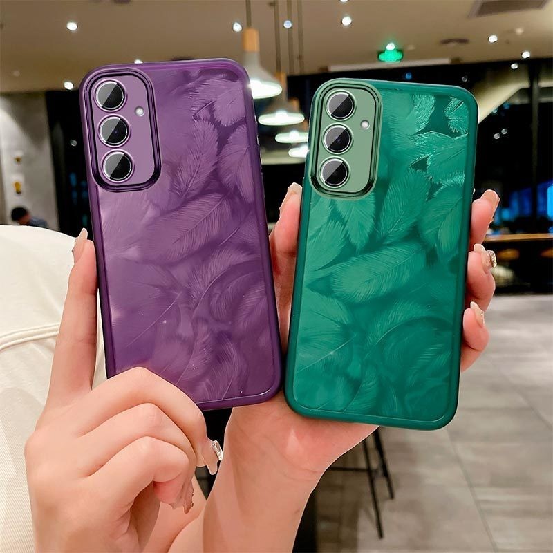 แฟชั่นสาวโทรศัพท์สําหรับ Samsung Galaxy A15 A14 A34 A54 A55 A35 A25 5G A05 A05S A24 4G ผู้หญิงเช่นG Glitter Featherรูปแบบสติกเกอร์นุ่มกล้องเลนส์ป้องกัน