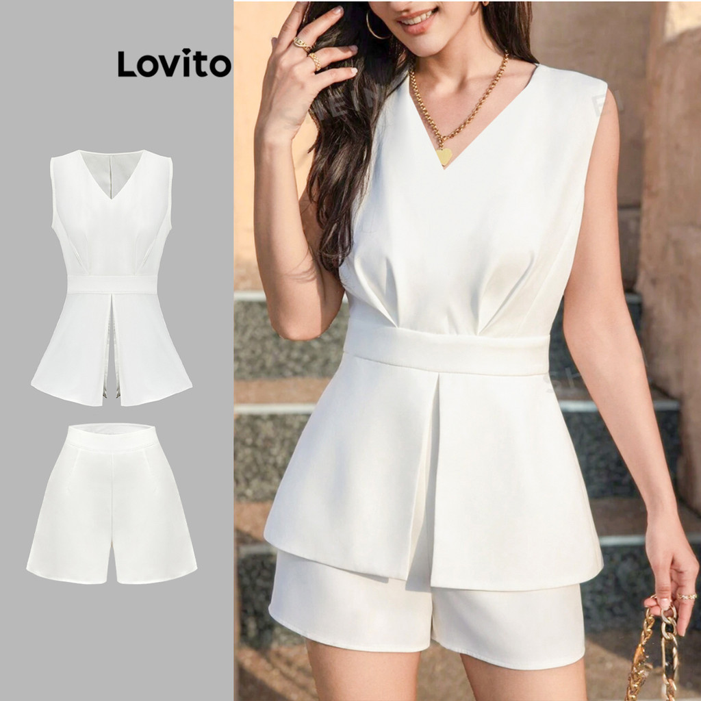 Lovito ชุดเซ็ทกางเกงขาสั้นผู้หญิง แต่งจีบ สีพื้น สไตล์หรูหรา L87ED223