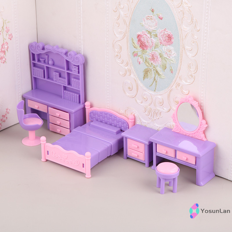 YosunLan] 6 ชิ้น/เซ็ต 1:12 Dollhouse Miniature โต๊ะเก้าอี้ Dressing ตารางโต๊ะข้างเตียงเตียงเฟอร์นิเจอร์รุ่น Decor ตุ๊กตา House อุปกรณ์เสริมใหม่