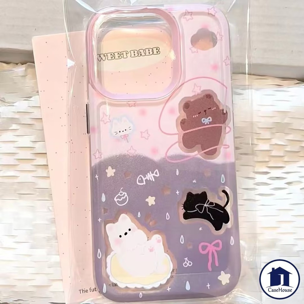 เคสนิ่มใสลายแมวหมีน่ารักติดโบว์เข้ากันได้สำหรับ iPhone 11 15 14 13 12 Pro Max 7 8 Plus XR X XS Max 14 15 Plus SE 2020