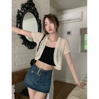 Gakki เสื้อคลุมแขนสั้น เสื้อแจ็คเก็ตสตรีคาร์ดิแกนกันแดดถักกลวงแขนสั้นผู้หญิง ฟรีไซส์ พร้อมส่ง 2124#
