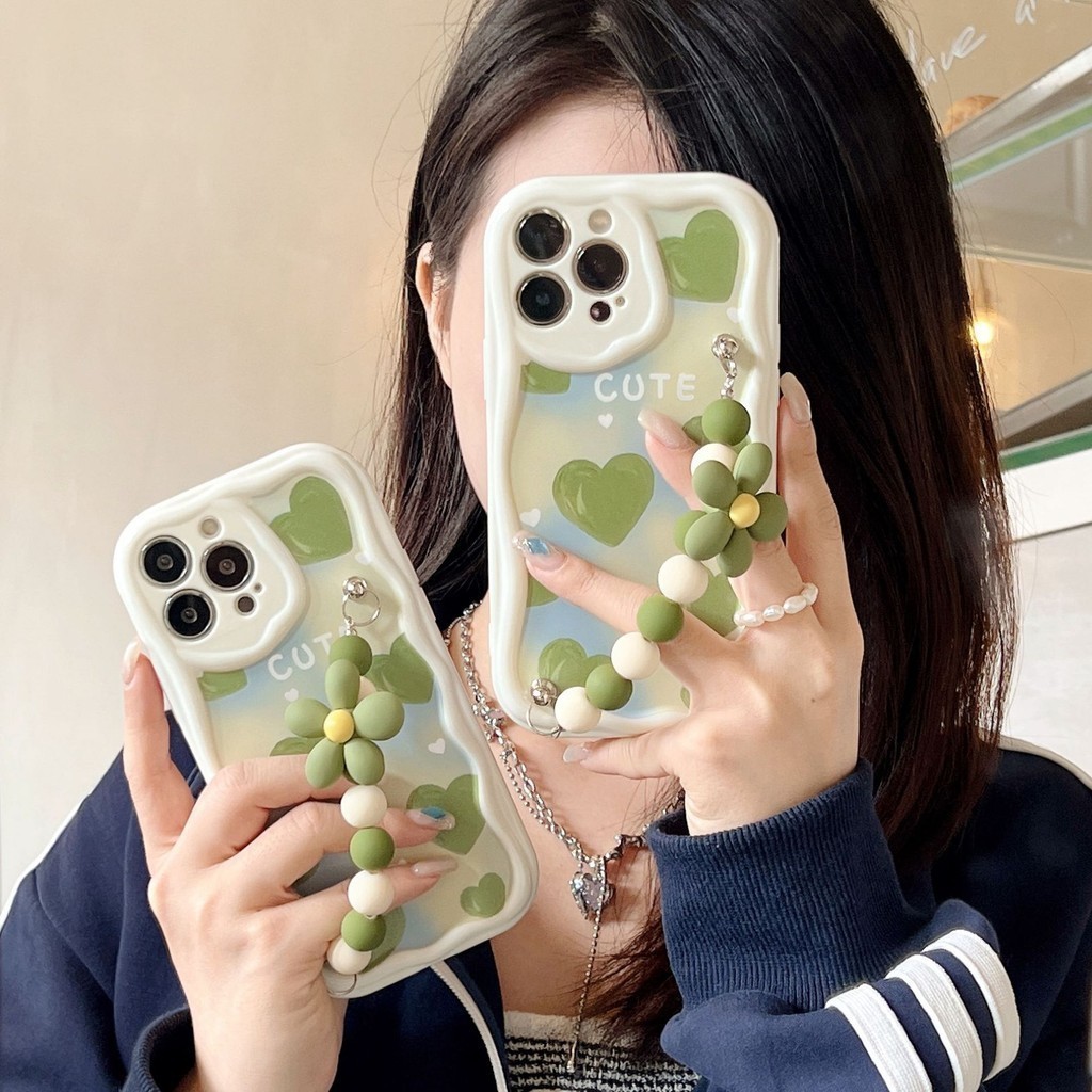 ปลอกสําหรับ POCO C65 F6 X6 M6 Xiaomi 14T 13T Mi 14 13 12 11 Lite POCO X5 F5 F3 X4 GT X3 NFC M3 Pro 5G ดอกไม้สีเขียว + สร้อยข้อมือดอกไม้โค้งขอบเคสโทรศัพท์
