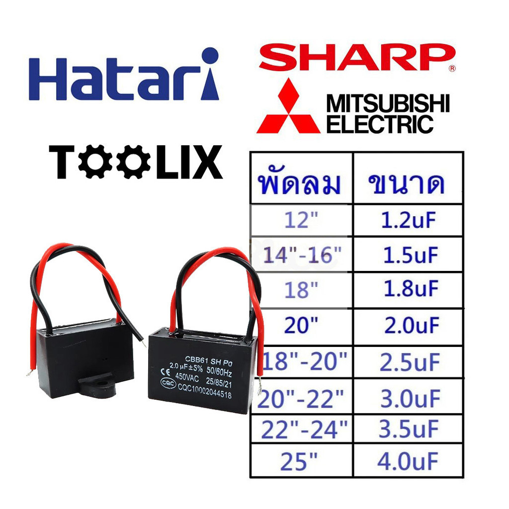 คาปาซิเตอร์ พัดลม​ มีสายไฟ ตัวเก็บประจุ Capacitor คอนเดนเซอร์พัดลม CBB61 1.2uF/1.5uF/1.8/2.0/2.5uF อ