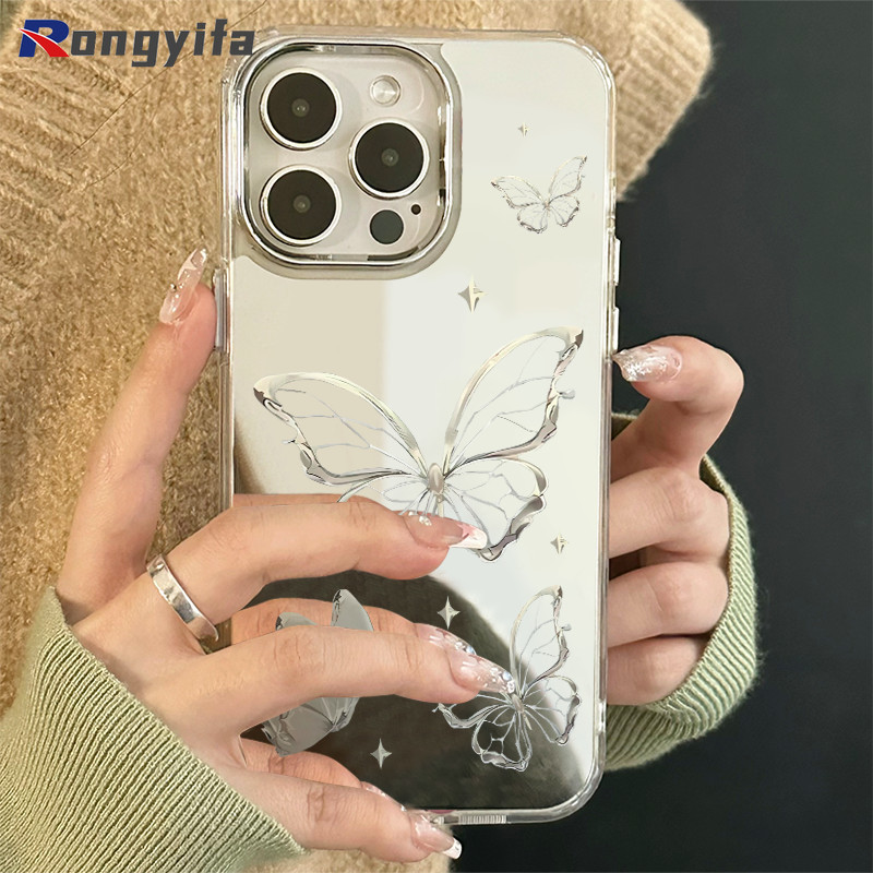 Insสไตล์โลหะผีเสื้อกระจกเคสโทรศัพท์สําหรับvivo V40 V30E V30 V29 V27 Z7 Pro V29E V25E V20 X8 Lite V30 Lite Y200E Y200i Y200 Y100 5G Y75 Y38 ฝาครอบนุ่มElectroplated