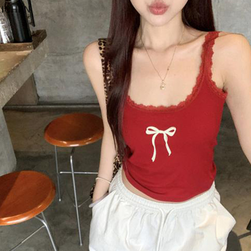 ICHEN ฤดูร้อนผู้หญิงเกาหลีโบว์หวานพิมพ์ลูกไม้ Patchwork แขนกุด Slim Camisole YU
