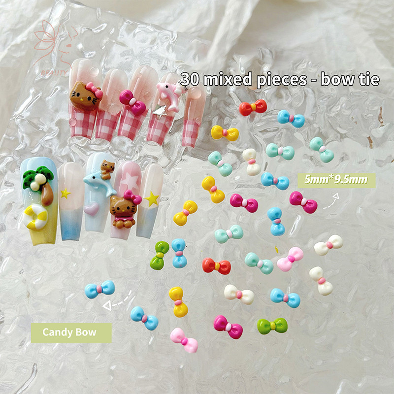 [maybeauty] 30 ชิ้นผสมน่ารักโบว์ตกแต่งเล็บสีลูกกวาดสามมิติเล็บ DIY ศิลปินเล็บและผู้ที่ชื่นชอบเล็บ {TH}