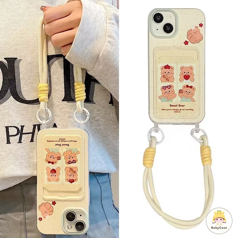 ที่ใส่บัตรแบบสายคล้องคอสีเหลืองลายการ์ตูนหมีน้อยแสนน เคสIPhone 11 13 15 14 12 Pro Max 7 15 8 14 Plus X XR XS Max SE 2020
