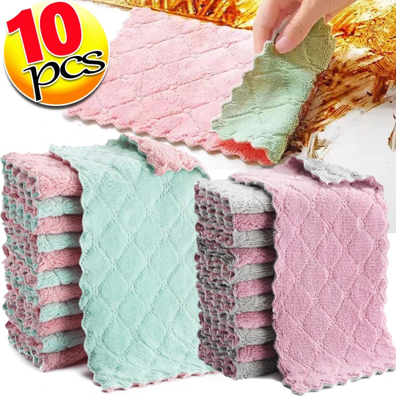 3/5/10ชิ้น ผ้าเช็ดทําความสะอาดจานครัว / เศษผ้าทําความสะอาดกํามะหยี่ปะการัง / ผ้าขนหนูเช็ดน้ํามันไม่ติด