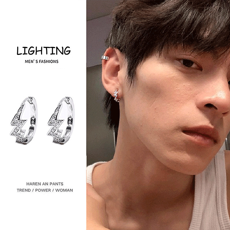 1 ชิ้น Unisex Punk Hip Hop Silver Lightning ต่างหู Hoop ต่างหูZircon ต่างหูอินเทรนด์หูยุโรปและอเมริกา