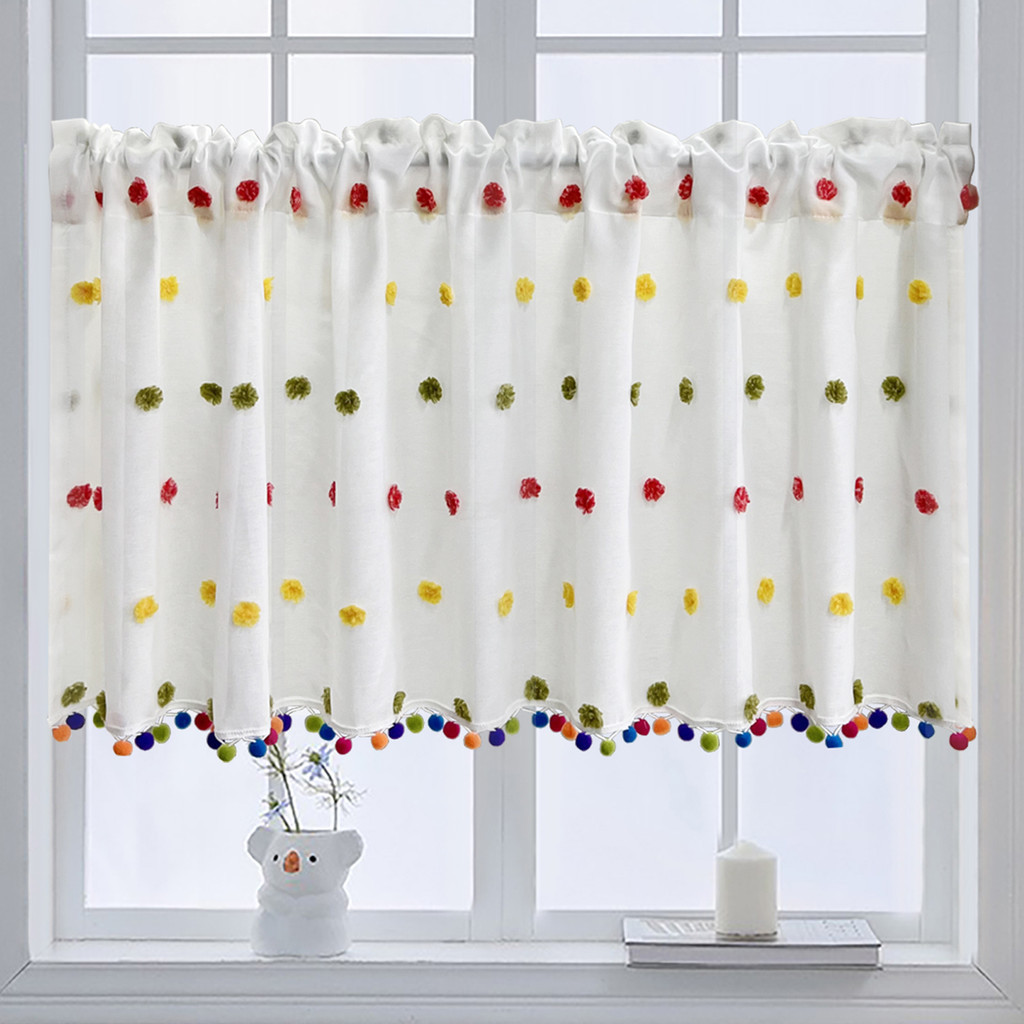 3d Rainbow Pompom ผ้าม่านสั้นสําหรับผ้าม่านห้องครัว Valance ชั้น Boho Light Filtering ห้องน้ํา Cafe ห้องรับประทานอาหารหน้าต่าง Treatment Rod กระเป๋า 1 แผง