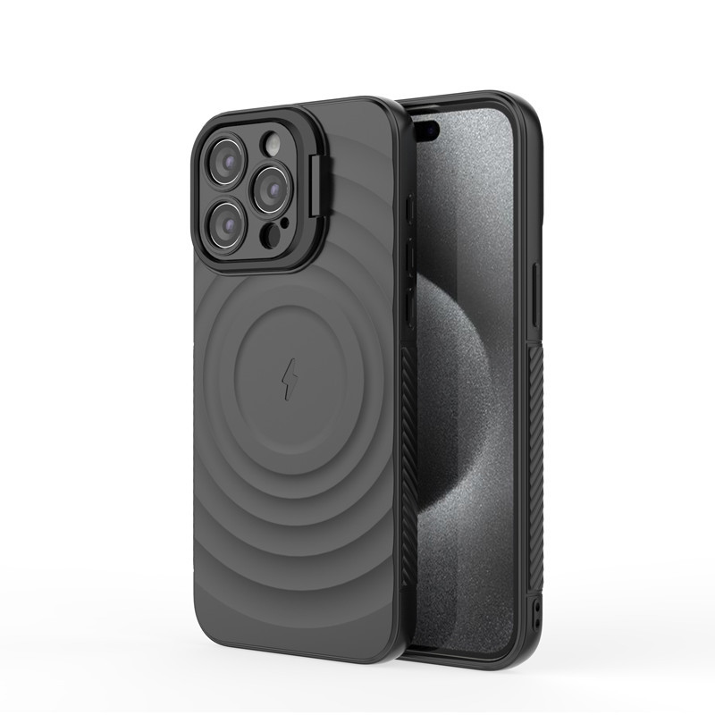 สําหรับ IPhone 15 Pro Max กรณี ELVEV คุณภาพสูง TPU + PC ผิวเพื่อนดูดฝาครอบโทรศัพท์พร้อมขาตั้ง Muti-f