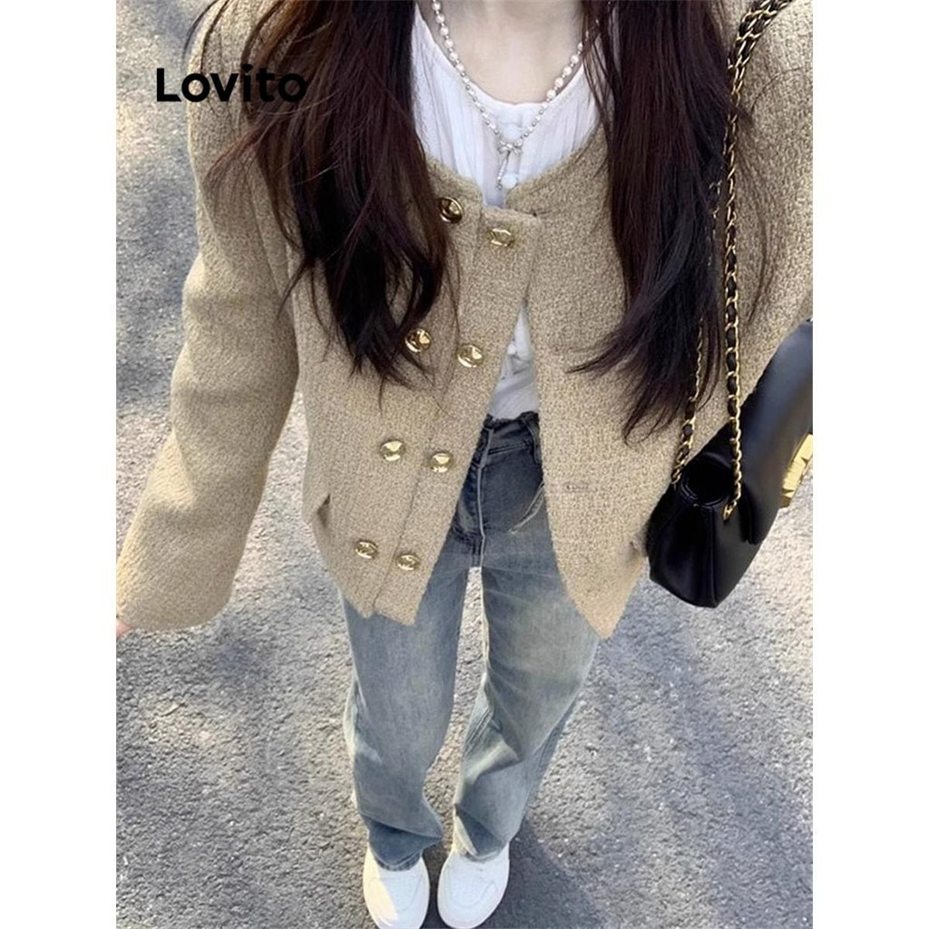 Lovito เสื้อแจ็คเก็ตด้านหน้าปุ่มธรรมดาสำหรับผู้หญิง LNA72661