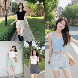 ใหม่! กางเกงขาสั้นลายริ้วยีนส์เอวสูง ตะขอหน้าและหูเข็มขัด ดี…