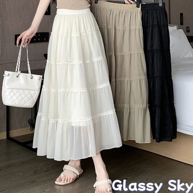 Glassy Sky💖พร้อมส่💖กระโปรงยาวผ้าชีฟองสีพื้น เอวกลาง ใส่สบาย สไตล์โบฮี่เมี่ยน สุดชิค 3สี Layer Skirts (7313)