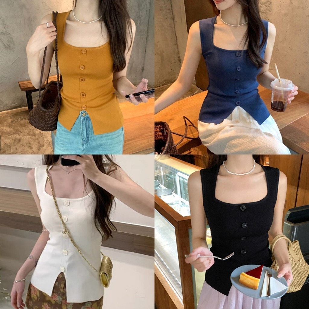 Bonnie เสื้อกล้ามไหมพรม น่ารักคิคุ เซ็กซี่ เข้ารูป แต่งกระดุม สีพื้นยืดตามตัว เสื้อแขนกุด ใส่สบาย สไตล์ลำลอง#Z31