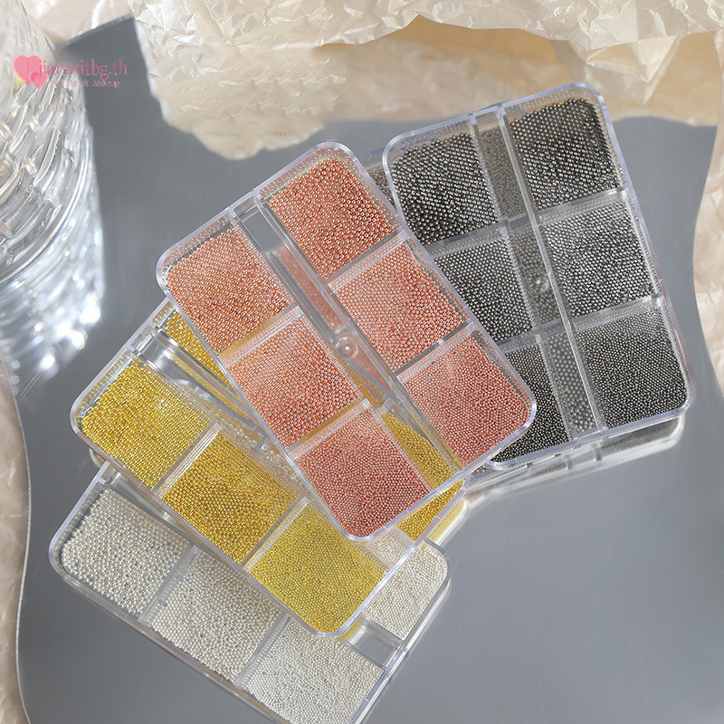 Renbg 6Grids 3 ขนาดสแตนเลส Caviar ลูกปัดตกแต่งเล็บทองเงินสีดําเล็บเครื่องประดับเล็บ DIY ตกแต่งเล็บ TH