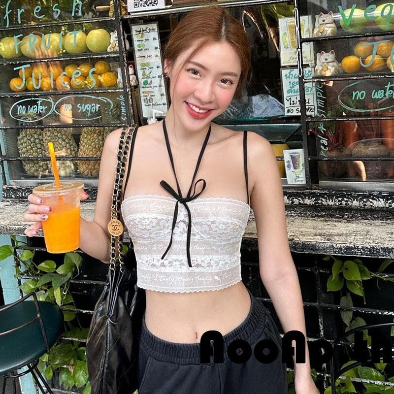 Aooao-เสื้อกล้ามสายเดี่ยวคล้องคอสําหรับผู้หญิง เสื้อลูกไม้สายสปาเก็ตตี้แขนกุด