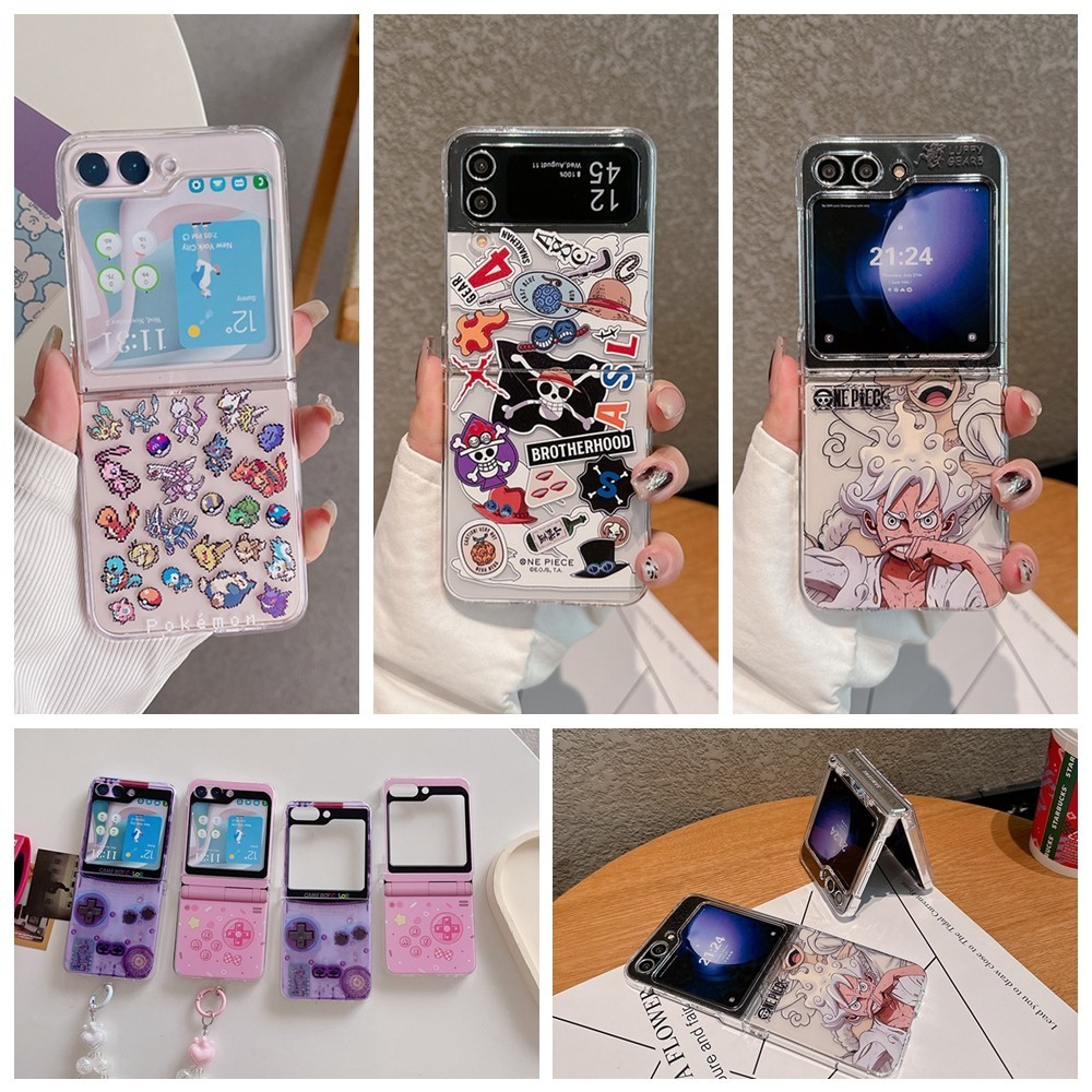 การ์ตูนน่ารักปลอกเรียบง่ายสําหรับ Samsung Galaxy Z Flip 6 5 4 3 ออกแบบอะนิเมะ Hard PC คลาสสิก Zflip3 Flip4 Flip5 Flip6 เคสโทรศัพท์เชือกเส้นเล็ก