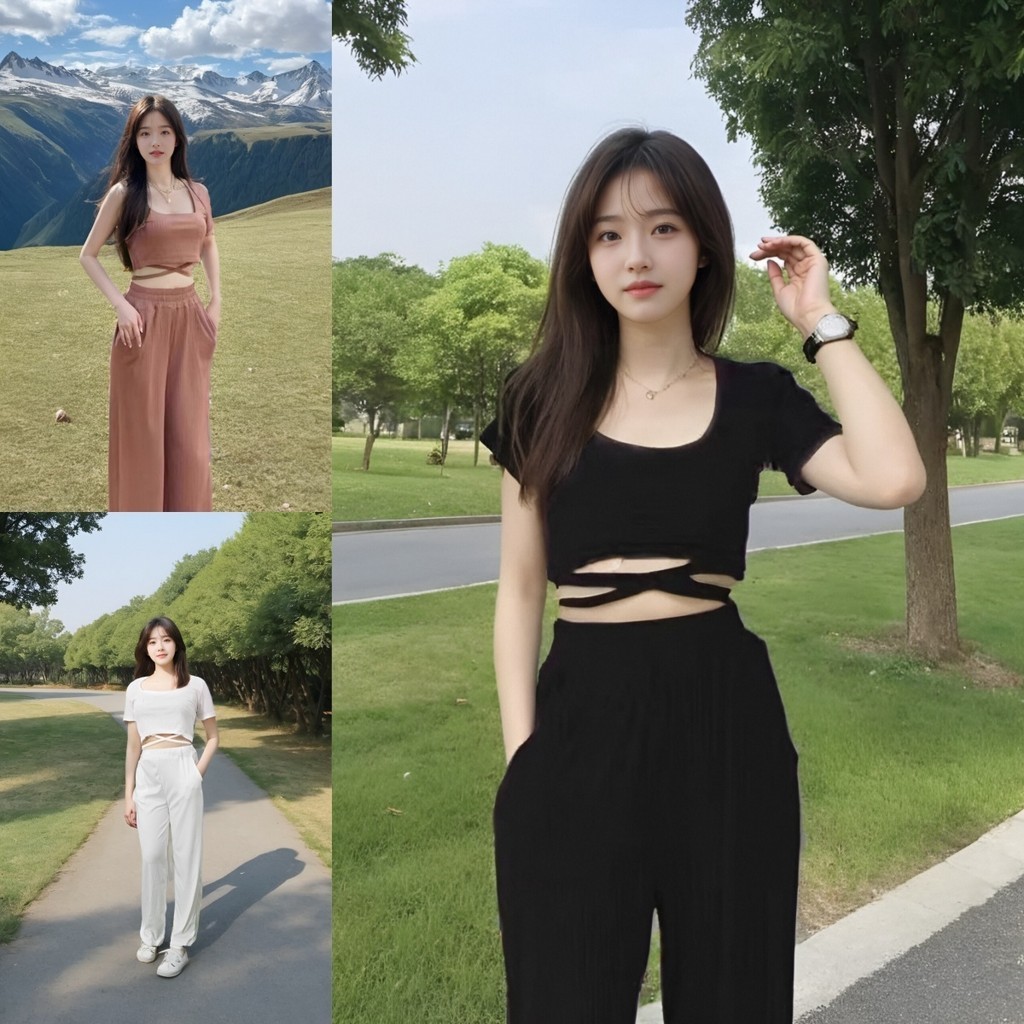 ชุดเซ็ท 2 ชิ้นใหม่! เสื้อครอปแขนสั้นดีไซน์สายไขว้หน้า + กางเกงขายาวเอวยางยืด ใส่สบายทุกโอกาส ชุดแฟชั่นต้อนรับฤดูร้อน