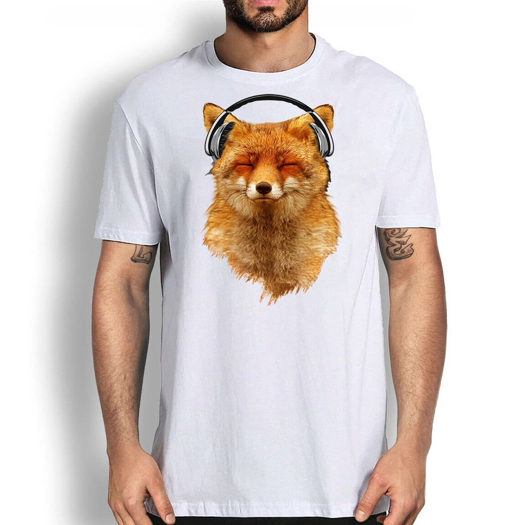 Musical Fox Graphic Tee พิมพ์สัตว์ Tshirt Fox หูฟังเสื้อผู้ชาย Mens