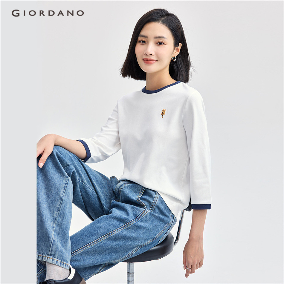 Giordano WOMEN 100% Cotton cat เสื้อยืดแขน 3/4 05324798