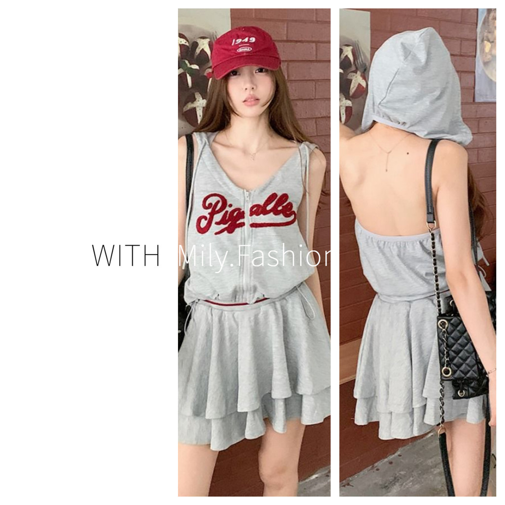 Milyfashion เสื้อมีฮู้ดเปิดหลังมีซิปเสื้อกั๊กกีฬาแขนกุดผู้หญิง2024ฤดูร้อนสีตัดกันสไตล์เกาหลีเสื้อยืดตัวสั้น