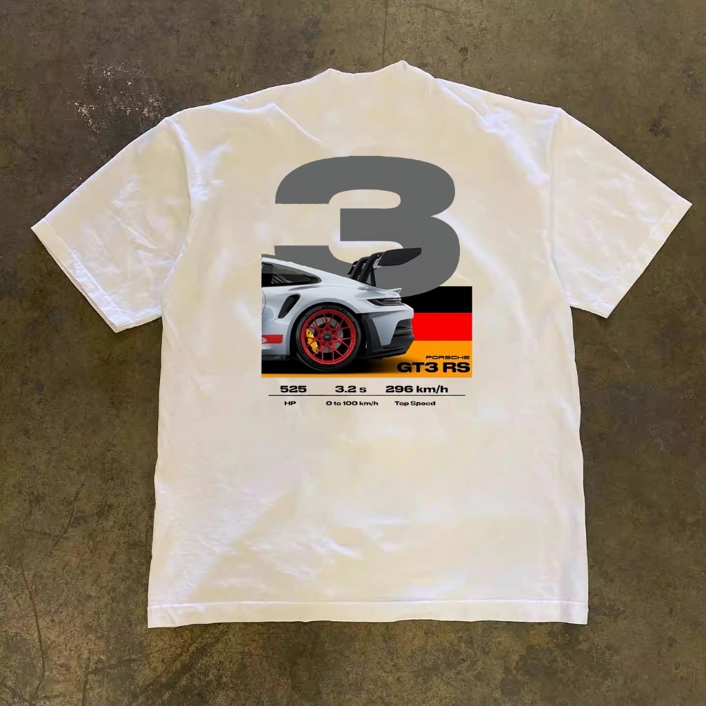 เสื้อยืดแขนสั้นพิมพ์ลายรถสปอร์ต Porsche GT3 RS ฤดูร้อนผู้ชายและผู้หญิงผ้าฝ้ายแท้ Tee