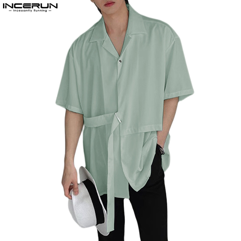 ไม่แน่นอน ผู้ชายเกาหลีสายรัดออกแบบสีทึบแขนสั้นเสื้อลําลอง