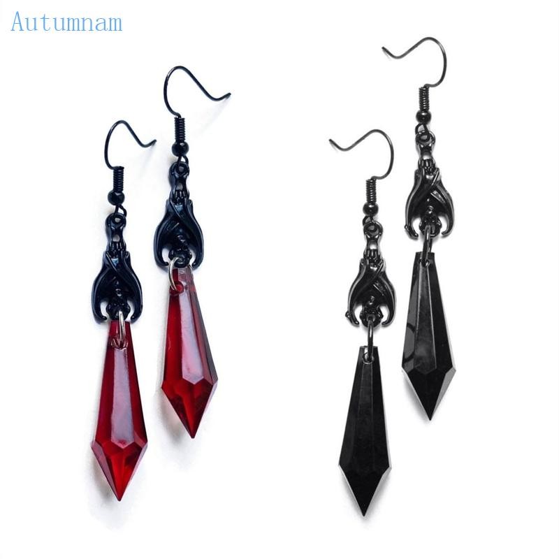 Autu แฟชั่นชี้อัญมณีสีแดง Drop ต่างหูสําหรับผู้หญิงคริสตัลสีดําค้างคาวจี้ต่างหู