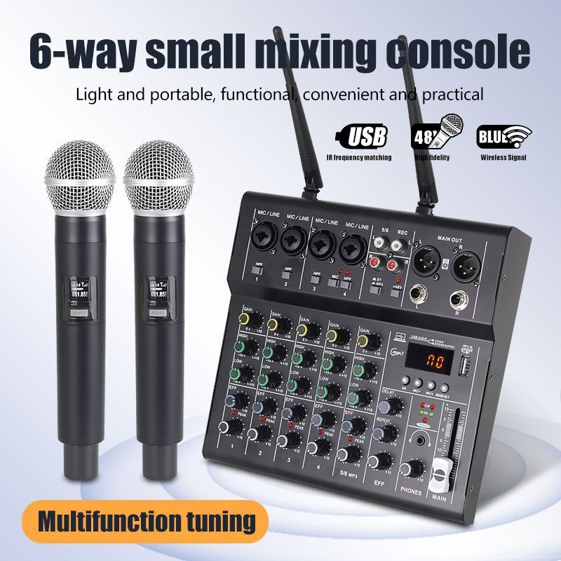 4ch 6ch ไมโครโฟนไร้สาย ไมค์   Audio Mixer เสียงพร้อมไมโครโฟนบันทึกสดไมโครโฟน   Home Stage Performanc