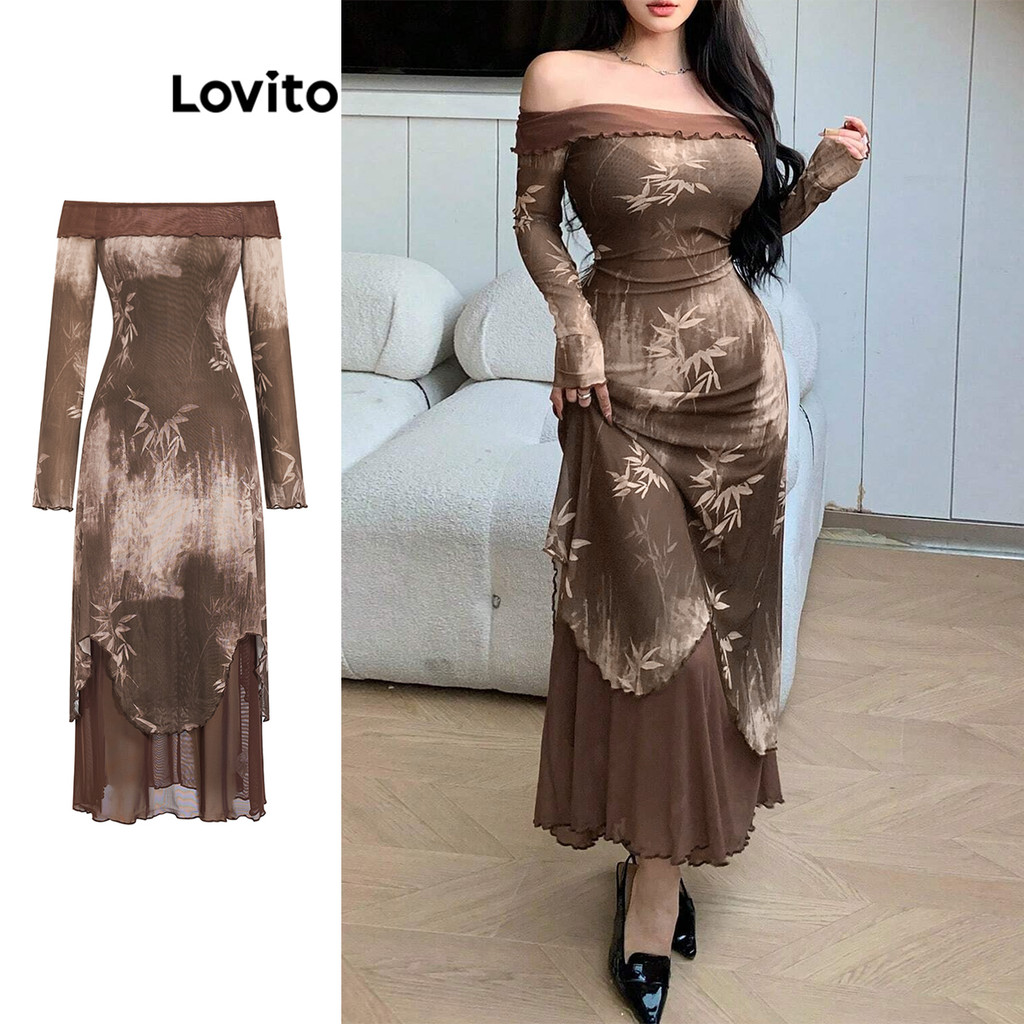Lovito ชุดเดรสไม่สมมาตรมัดย้อมสี ระบายสีตัดกันCollar สำหรับผู้หญิง L101AD002