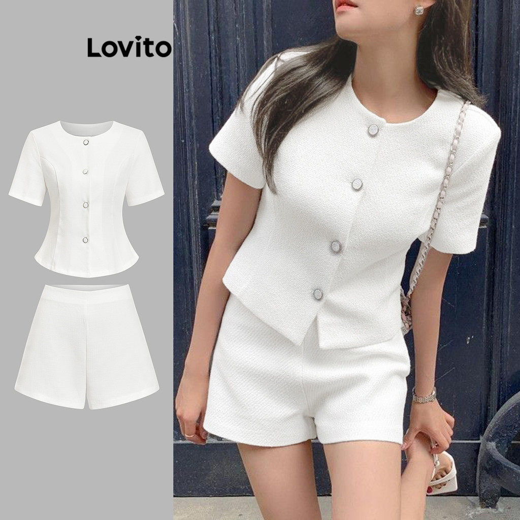 Lovito ชุดเซ็ทกางเกงขาสั้น มีกระดุม สีพื้น สไตล์หรูหรา สำหรับผู้หญิง L96MD062