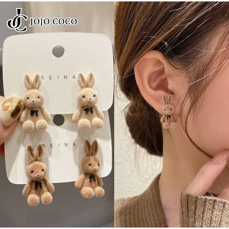 Jojo COCO Flocked Bear Rabbit ต่างหูผู้หญิงสไตล์เกาหลีหวานและน่ารักอุปกรณ์เสริม