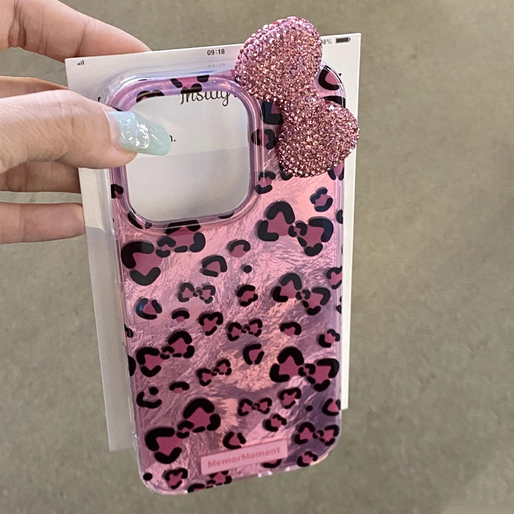 สําหรับ IPhone 16 Pro Max IPhone กรณีฮาร์ดกลับกรณีเกาหลี Girly เสือดาวพิมพ์ 3D Bow Knot Thicken กล้องป้องกันกรณีสําหรับ IPhone 16 15 14 13 12 11 Pro Max 16 15 14 Plus