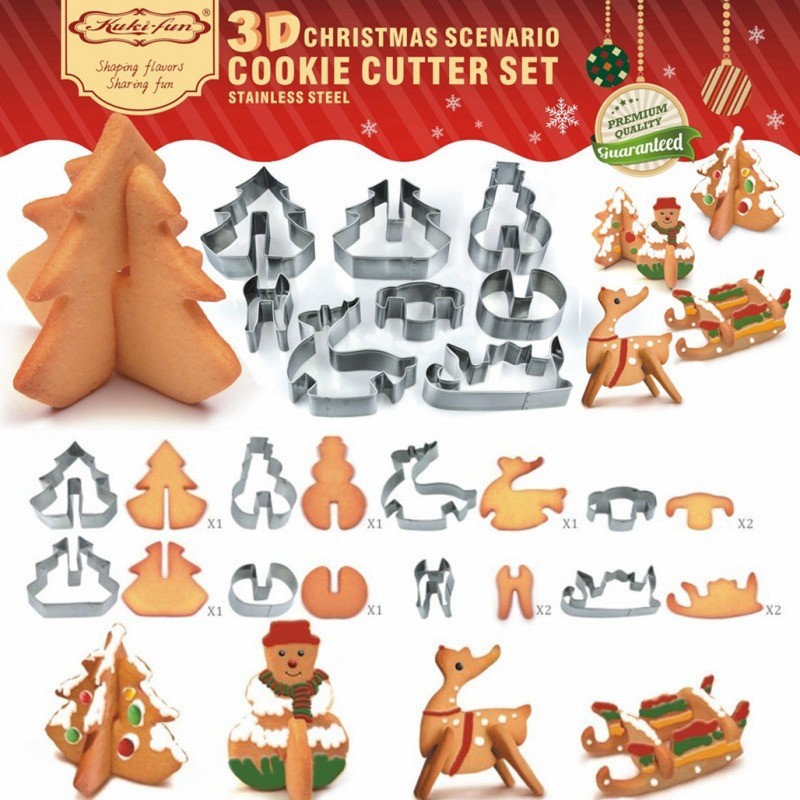 คริสต์มาสสแตนเลสคุกกี้ Moulds 8 ชิ้นชุด 3D คุกกี้ Moulds DIY การ์ตูนเลื่อน Elk แม่พิมพ์คุกกี้
