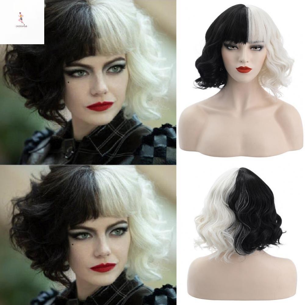 Cross Cruella De Vil วิกผมที่มองไม่เห็นปุยธรรมชาติครึ่งสีดําครึ่งนมสีขาวหยิกสั้นหยักขนาดเล็กสไตล์สดใสอุปกรณ์เสริมผม