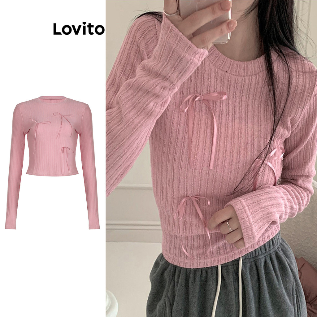 Lovito เสื้อยืด ลำลองBow Sheer Sashes สำหรับผู้หญิง LNM83180