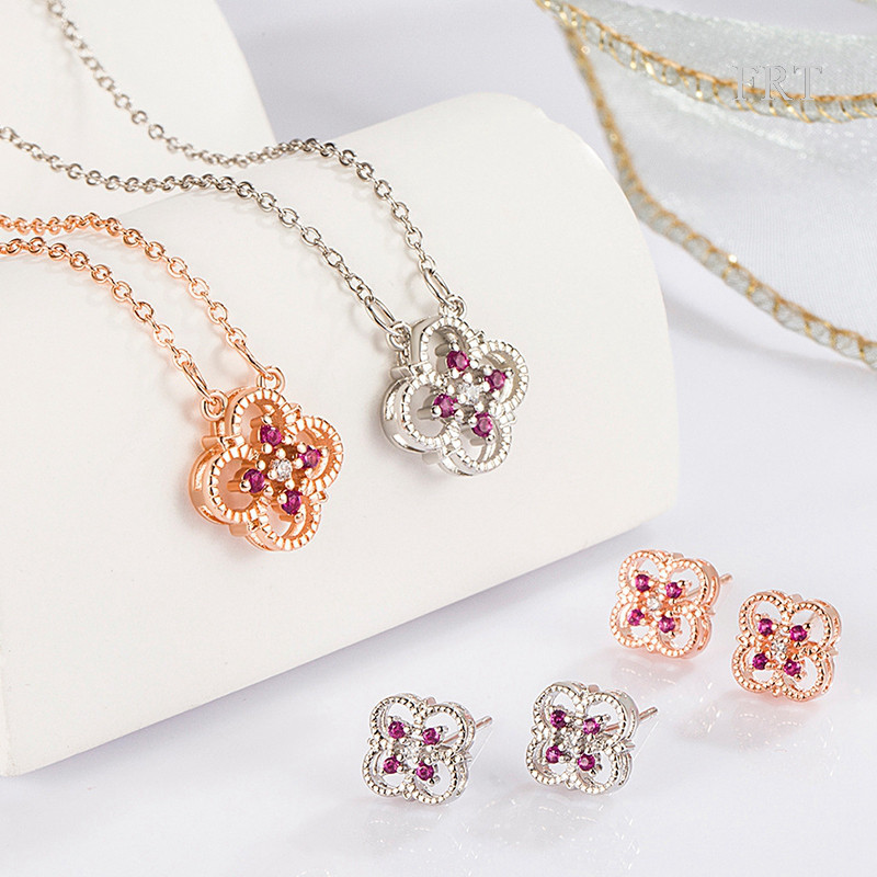 FTE 2 ชิ้น/เซ็ต Four Leaf จี้สร้อยคอต่างหู Super Sparkle Full Zirconia อารมณ์สุทธิสีแดงอเนกประสงค์เค