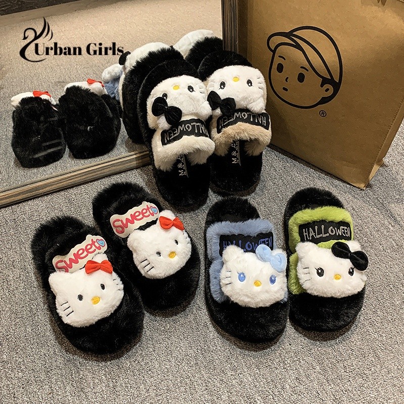 รองเท้าแตะขนปุยน่ารักสำหรับผู้หญิงรองเท้าแตะผ้าฝ้ายแบบเปิดนิ้วเท้าใส่ด้านนอกสำหรับฤดูใบไม้ร่วงและฤดูหนาวแบบใหม่2024พื้นหนาใส่สบายในบ้าน