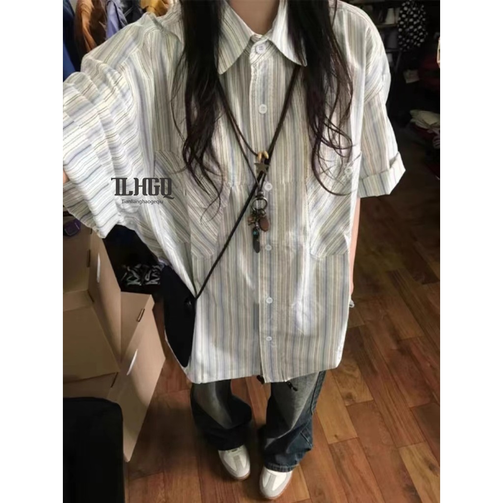 เสื้อสตรี เทียน-เหลียนห่าวเกชิว ลายทางญี่ปุ่นอารมณ์เรียบง่ายหลวมสบาย ๆ สไตล์วิทยาลัย