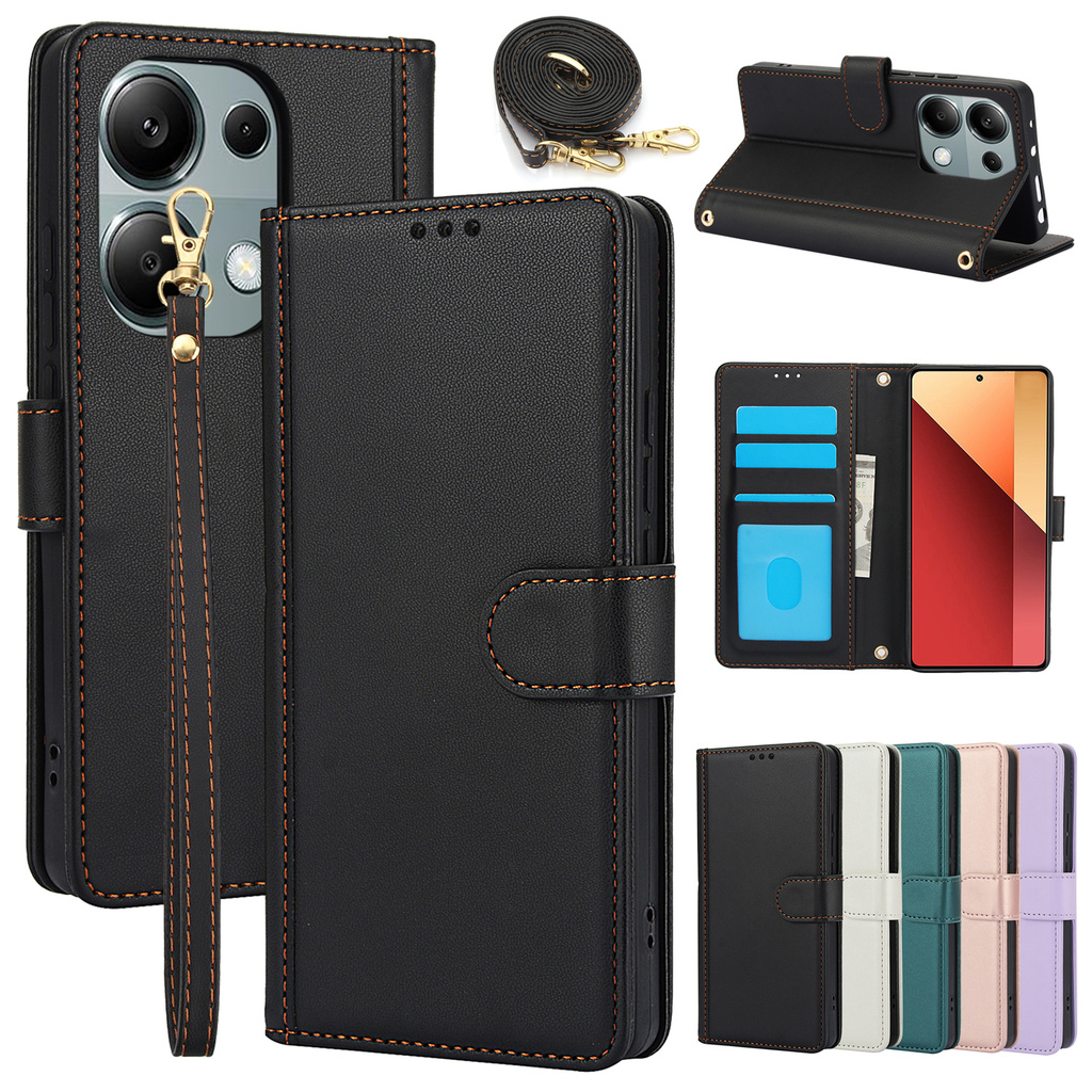 เคสฝาพับ เคสเปิดปิด Case for Redmi Note 13 Pro Plus 12 Pro+ 5G 13C 11 11S 10 10s 9 9s 8 POCO M6 Pro 4G เคสโทรศัพท์หนังฝาพับพร้อมช่องใส่บัตรสําหรับ PU Leather Flip Cover Wallet With Card Slots Soft TPU Shell Hand Lanyard Shoulder Sling Strap ซองมือถือ