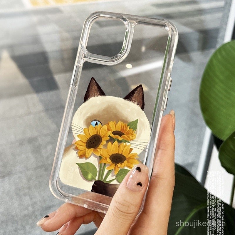 ดอกทานตะวันแมวนุ่ม TPU ใสกลับปกคลุมกรณีสำหรับ iP hone 7 8พลัส x XS XR 11 12 13 14 15 MAX Pro