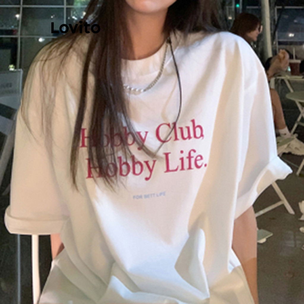 Lovito เสื้อยืดลายธรรมดาสำหรับผู้หญิง LNA74391