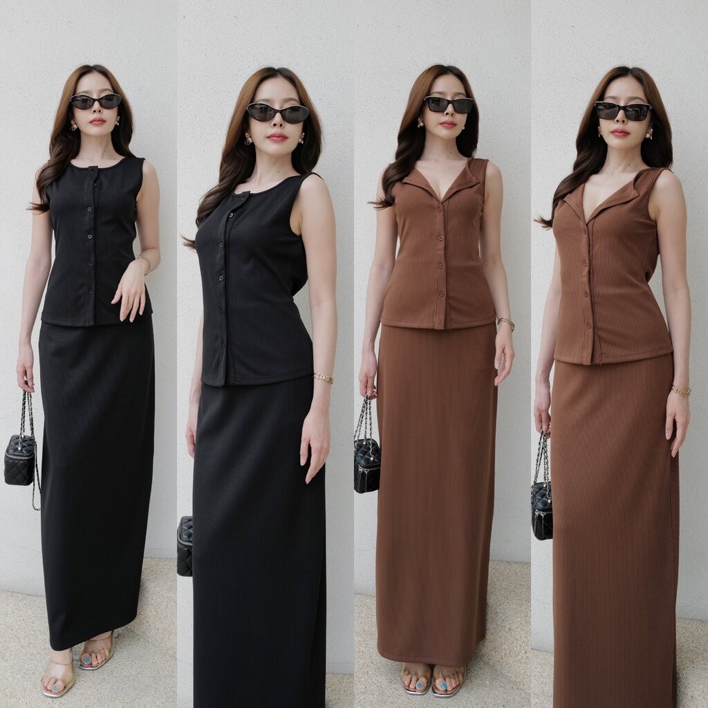 #9727 HILOOK ชุดเชต เสื้อแขนกุดกระดุมหน้าจริง + กระโปรงยาวทรงตรงสวย เนื้อผ้านิ่มผ้าร่องยืด ใส่สวยแน่