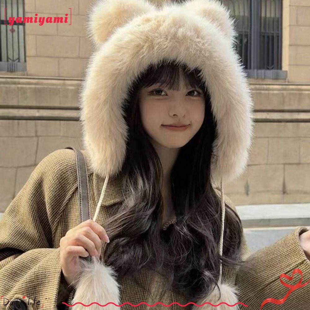 ยามิยะมิ หมวกป้องกันหู, ฤดูหนาวน่ารักตุ๊กตาหมีหมวก, ขนสัตว์อบอุ่นนุ่มปุยถังหมวกผู้หญิง