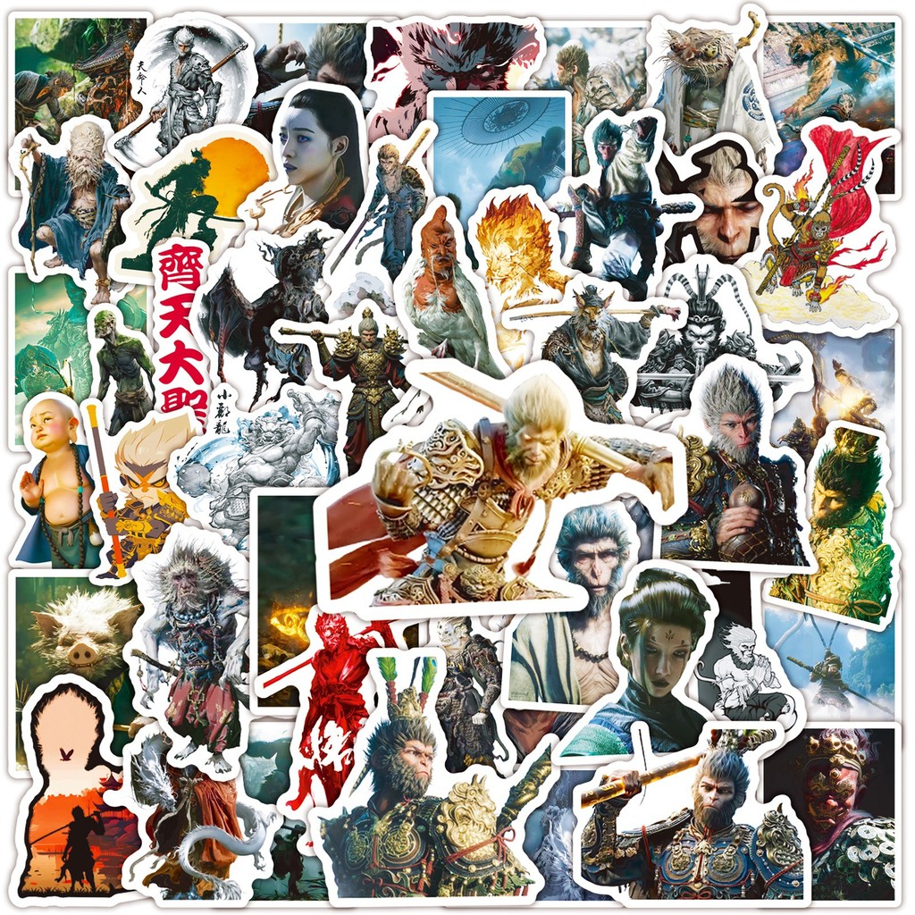 Black MYTH : WUKONG 50 ชิ้น DIY Waterproof Non Repeating Stickers Pack