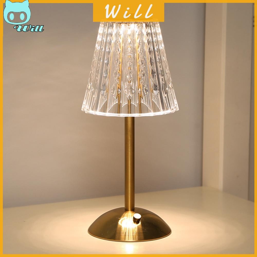 โคมไฟตั้งโต๊ะคริสตัล 3 สี นํา โคมไฟตั้งโต๊ะหรี่แสงได้ตกแต่งบาร์แบบชาร์จไฟได้