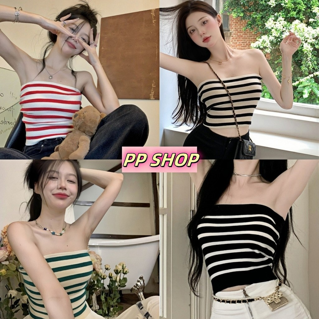 PP Shop​ พร้อมส่ง เสื้อเกาะอกเปิดไหล่ชุดไปทะเล เสื้อครอปโชว์หลัง ลายทาง น่ารัก#52139
