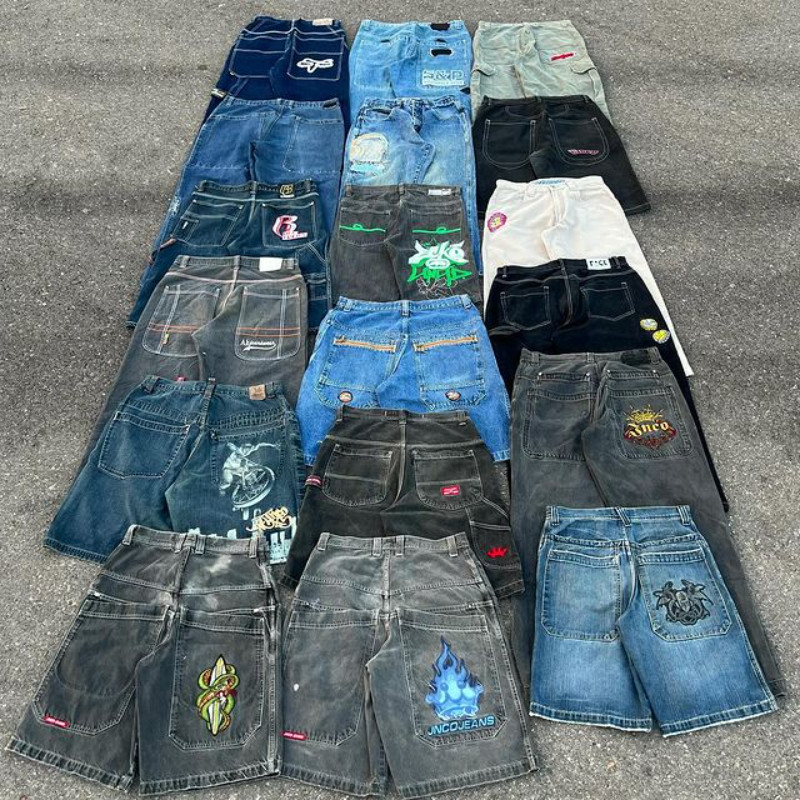 Y2k Jnco กางเกงยีนส์ Multi รูปแบบคุณภาพสูงกางเกงขาสั้นผ้ายีนส์ลําลอง Streetwear หลวม Retro สตรีบาสเก